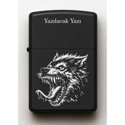 Kurt Canavar Desenli Kişiye Özel İsimli Siyah Benzinli Metal Çakmak E19