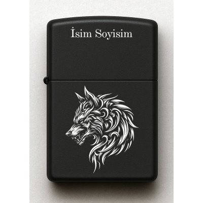Kurt Canavar Desenli Kişiye Özel İsimli Siyah Benzinli Metal Çakmak E20