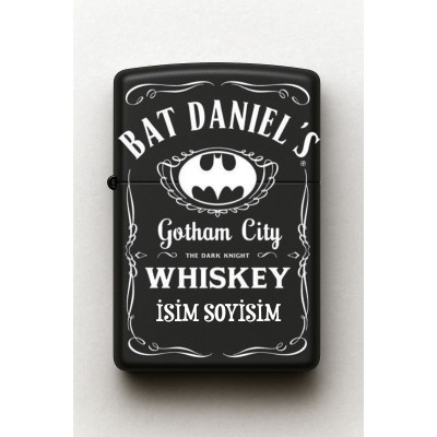 Bat Daniel's Batman Desenli Kişiye Özel İsimli Siyah Benzinli Metal Çakmak