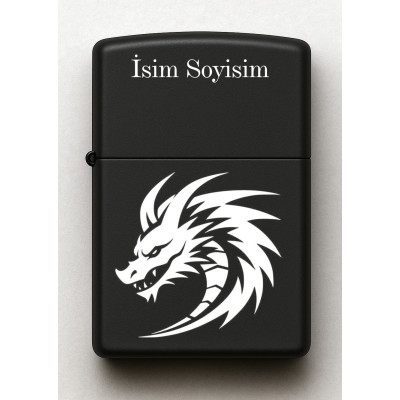 Ejderha Desenli Kişiye Özel İsimli Siyah Benzinli Metal Çakmak