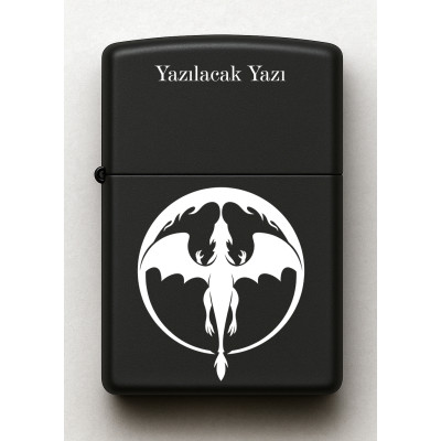 Ejderha Desenli Kişiye Özel İsimli Siyah Benzinli Metal Çakmak E27