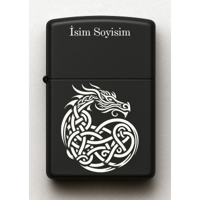 Ejderha Tribal Desenli Kişiye Özel İsimli Siyah Benzinli Metal Çakmak