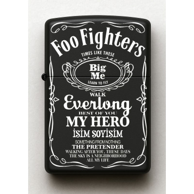 Foo Fighters Desenli Kişiye Özel İsimli Siyah Benzinli Metal Çakmak