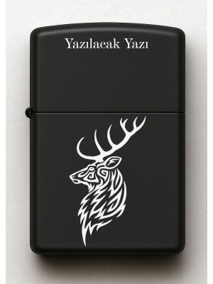 Geyik Desenli Kişiye Özel İsimli Siyah Benzinli Metal Çakmak E31