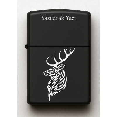 Geyik Desenli Kişiye Özel İsimli Siyah Benzinli Metal Çakmak E31