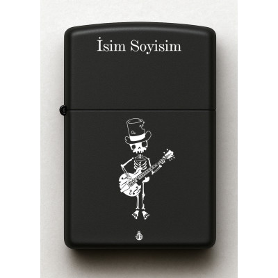 İskelet Gitar Desenli Kişiye Özel İsimli Siyah Benzinli Metal Çakmak