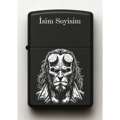 Hellboy Desenli Kişiye Özel İsimli Siyah Benzinli Metal Çakmak