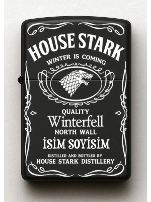 House Stark Winter is Coming Desenli Kişiye Özel İsimli Siyah Benzinli Metal Çakmak