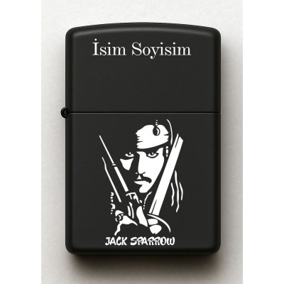 Jack Sparrow Desenli Kişiye Özel İsimli Siyah Benzinli Metal Çakmak