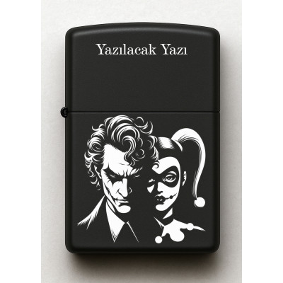 Joker Harley Quinn Desenli Kişiye Özel İsimli Siyah Benzinli Metal Çakmak