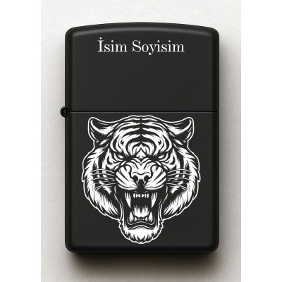 Kaplan Desenli Kişiye Özel İsimli Siyah Benzinli Metal Çakmak