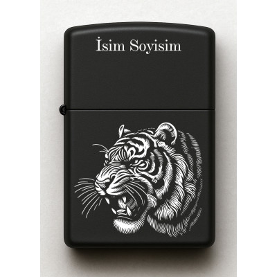 Kaplan Desenli Kişiye Özel İsimli Siyah Benzinli Metal Çakmak E49
