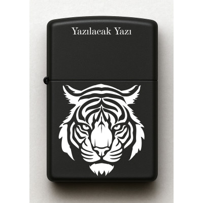 Kaplan Desenli Kişiye Özel İsimli Siyah Benzinli Metal Çakmak E52