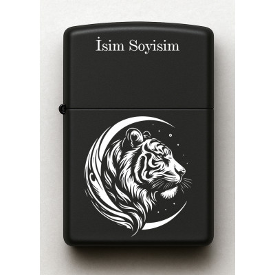 Kaplan Desenli Kişiye Özel İsimli Siyah Benzinli Metal Çakmak E53