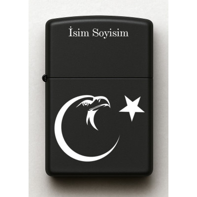 Kurt Ayyıldız Desenli Kişiye Özel İsimli Siyah Benzinli Metal Çakmak