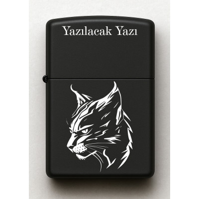 Kedi Desenli Kişiye Özel İsimli Siyah Benzinli Metal Çakmak