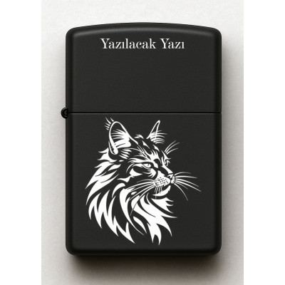 Kedi Desenli Kişiye Özel İsimli Siyah Benzinli Metal Çakmak E58