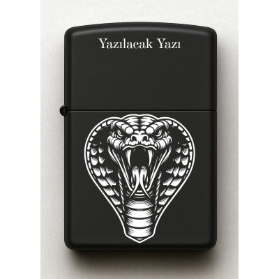 Kobra Yılan Desenli Kişiye Özel İsimli Siyah Benzinli Metal Çakmak