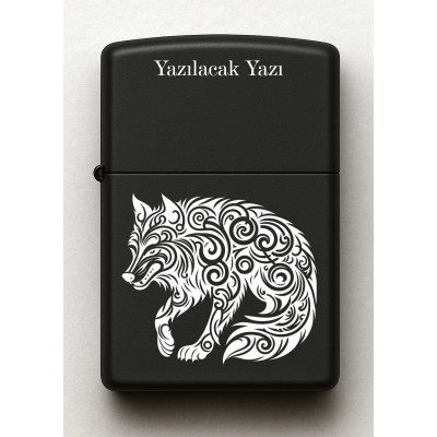 Kurt Figürlü Kişiye Özel İsimli Siyah Benzinli Metal Çakmak