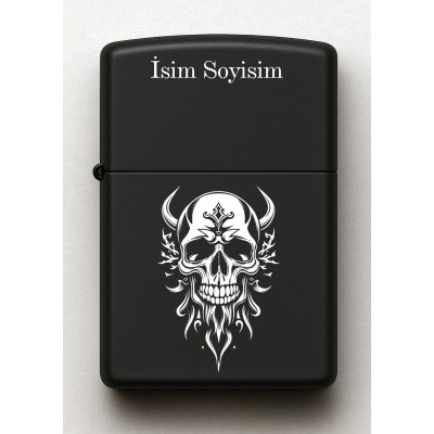 Kuru Kafa Desenli Kişiye Özel İsimli Siyah Benzinli Metal Çakmak E70