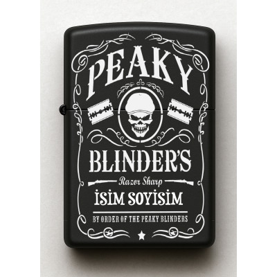 Peaky Blinders Desenli Kişiye Özel İsimli Siyah Benzinli Metal Çakmak E80