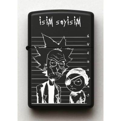 Rick and Morty Desenli Kişiye Özel İsimli Siyah Benzinli Metal Çakmak