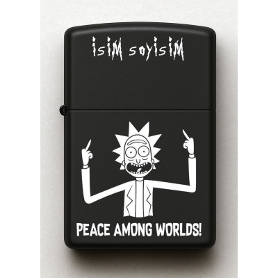 Rick and Morty Peace Among Worlds Desenli Kişiye Özel İsimli Siyah Benzinli Metal Çakmak