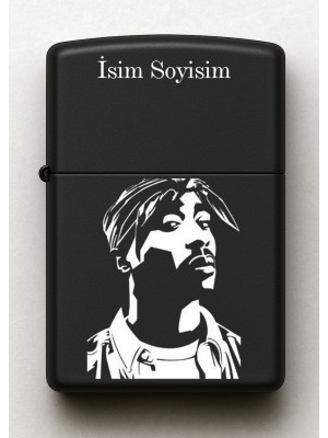 Tupac Desenli Kişiye Özel İsimli Siyah Benzinli Metal Çakmak
