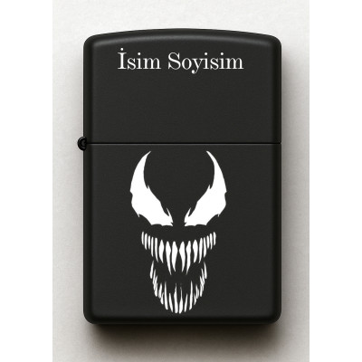 Venom Desenli Kişiye Özel İsimli Siyah Benzinli Metal Çakmak E100