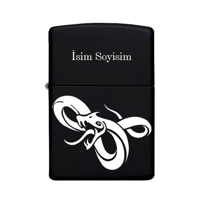 Yılan Desenli Kişiye Özel İsimli Siyah Benzinli Metal Çakmak