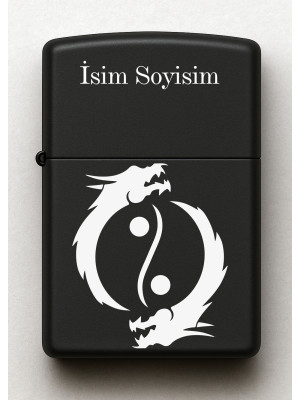 Ying Yang Dragon Desenli Kişiye Özel İsimli Siyah Benzinli Metal Çakmak