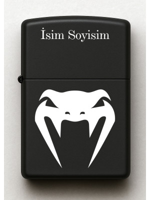 Yılan Desenli Kişiye Özel İsimli Siyah Benzinli Metal Çakmak
