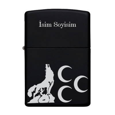 Üç Hilal Bozkurt Desenli Kişiye Özel Isimli Benzinli Siyah Metal Çakmak