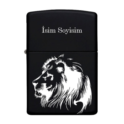 Aslan Desenli Kişiye Özel Isimli Benzinli Siyah Metal Çakmak