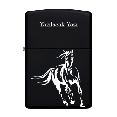 At Horse Desenli Kişiye Özel Isimli Benzinli Siyah Metal Çakmak