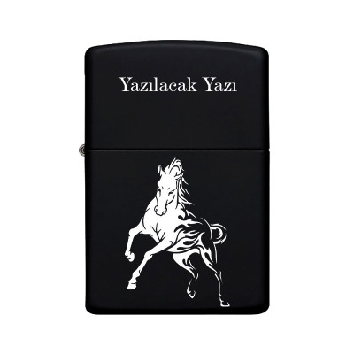 At Horse Desenli Kişiye Özel Isimli Benzinli Siyah Metal Çakmak Z07