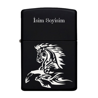 At Horse Desenli Kişiye Özel Isimli Benzinli Siyah Metal Çakmak Z08
