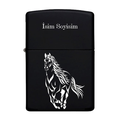 At Horse Desenli Kişiye Özel Isimli Benzinli Siyah Metal Çakmak Z09