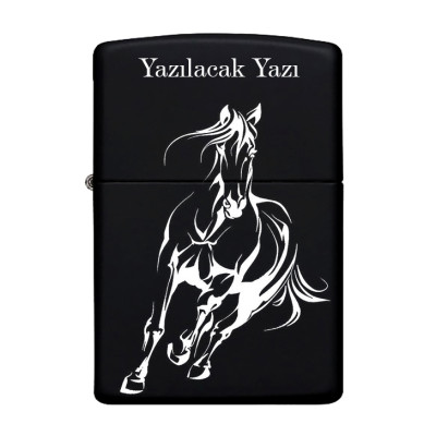 At Horse Desenli Kişiye Özel Isimli Benzinli Siyah Metal Çakmak Z10