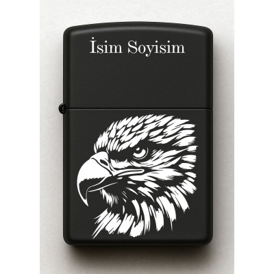 Kartal Desenli Kişiye Özel Isimli Benzinli Siyah Metal Çakmak