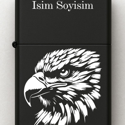 Kartal Desenli Kişiye Özel Isimli Benzinli Siyah Metal Çakmak