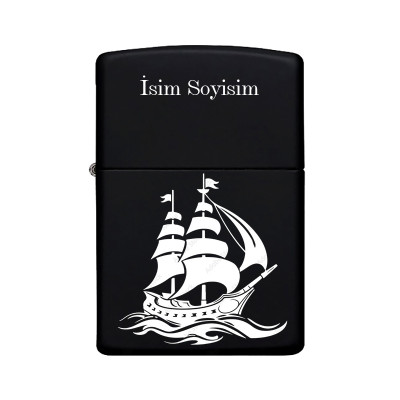 Gemi Desenli Kişiye Özel İsimli Benzinli Siyah Metal Çakmak