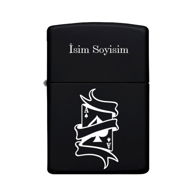 İskambil As Kartı Desenli Kişiye Özel İsimli Benzinli Siyah Metal Çakmak Z18
