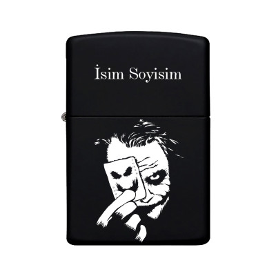Joker Desenli Kişiye Özel İsimli Benzinli Siyah Metal Çakmak