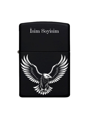 Kartal Desenli Kişiye Özel İsimli Benzinli Siyah Metal Çakmak Z63