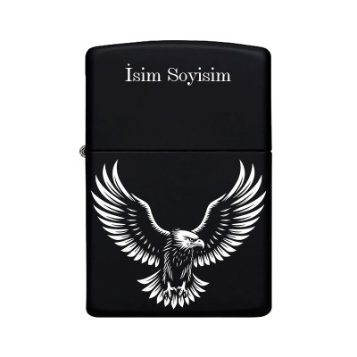Kartal Desenli Kişiye Özel İsimli Benzinli Siyah Metal Çakmak Z63