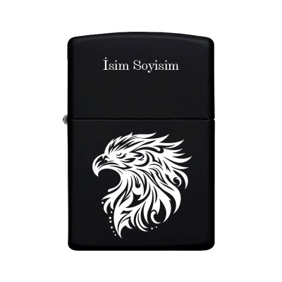 Kartal Desenli Kişiye Özel İsimli Benzinli Siyah Metal Çakmak Z75