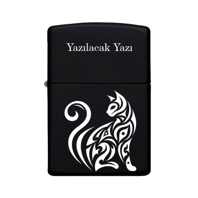 Kedi Desenli Kişiye Özel İsimli Benzinli Siyah Metal Çakmak Z29