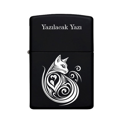 Kedi Desenli Kişiye Özel İsimli Benzinli Siyah Metal Çakmak Z31