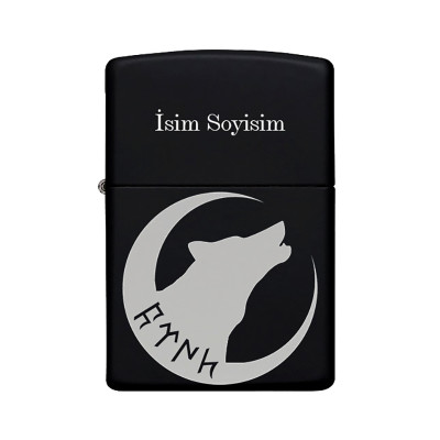 Kurt Desenli Kişiye Özel İsimli Benzinli Siyah Metal Çakmak Z82